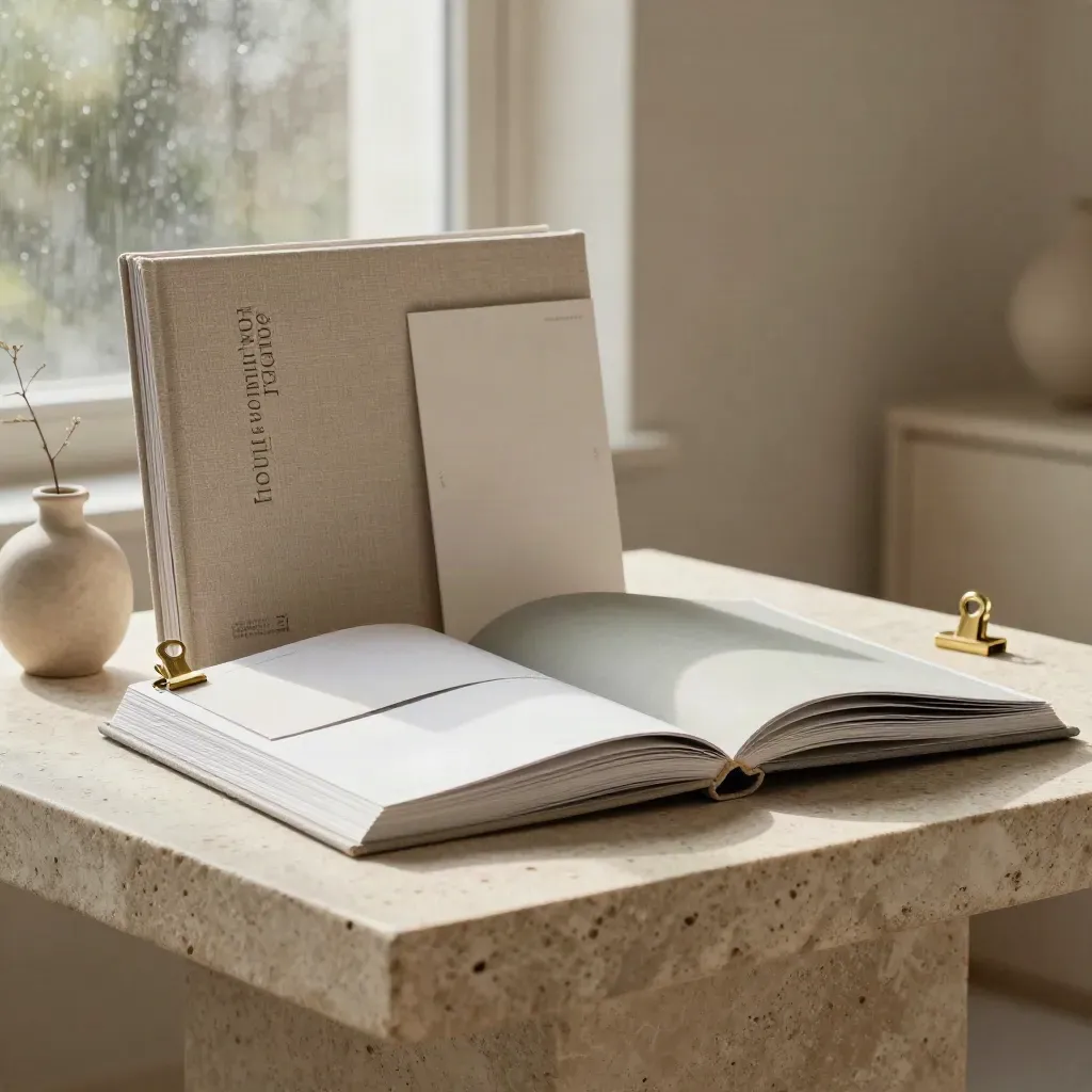 Luxury mood board folio with sample cards, brass clip and ceramic vessel on pale stone.