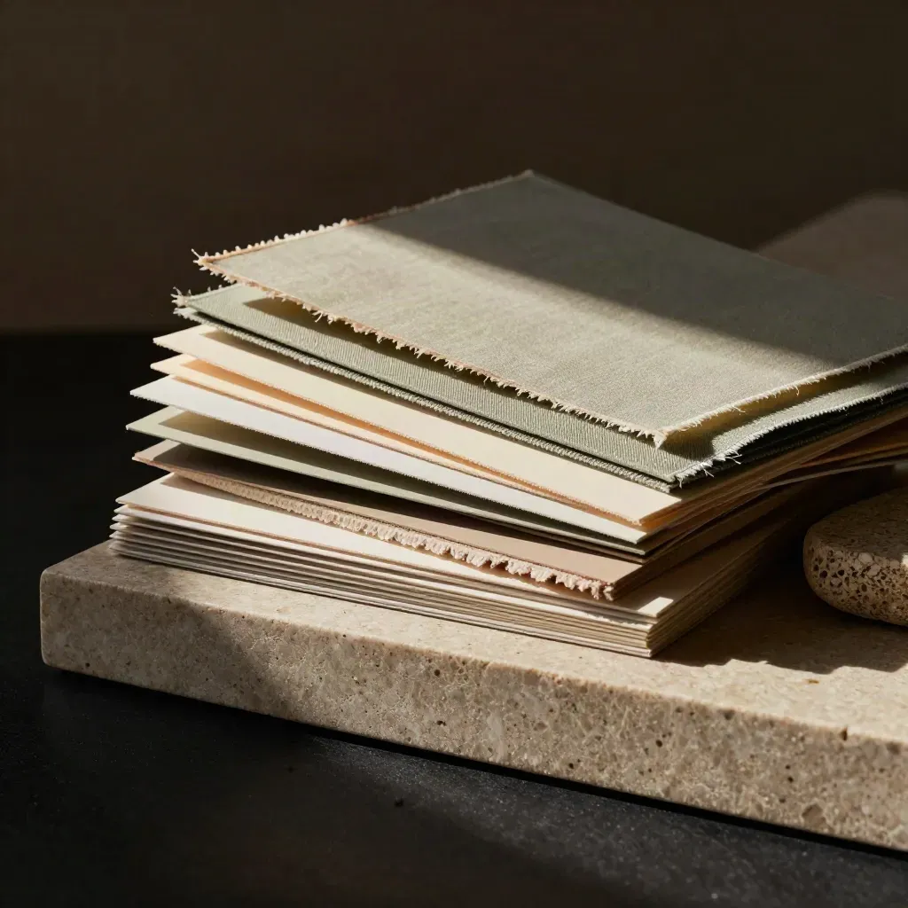 Sage fabric tabs and cream samples tilt on a stone plinth in a dark studio