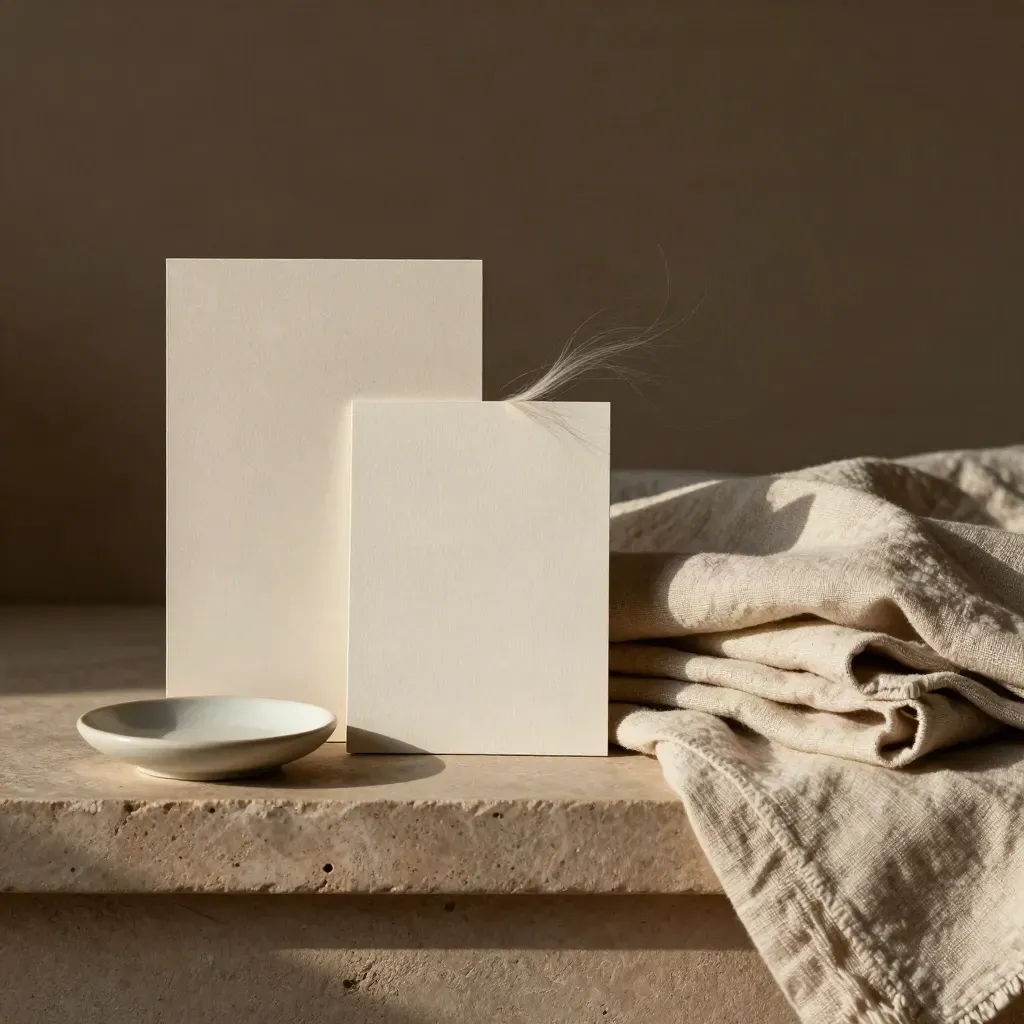 Pale bedroom palette cards, linen textures, and a small ceramic sample dish on taupe cloth.