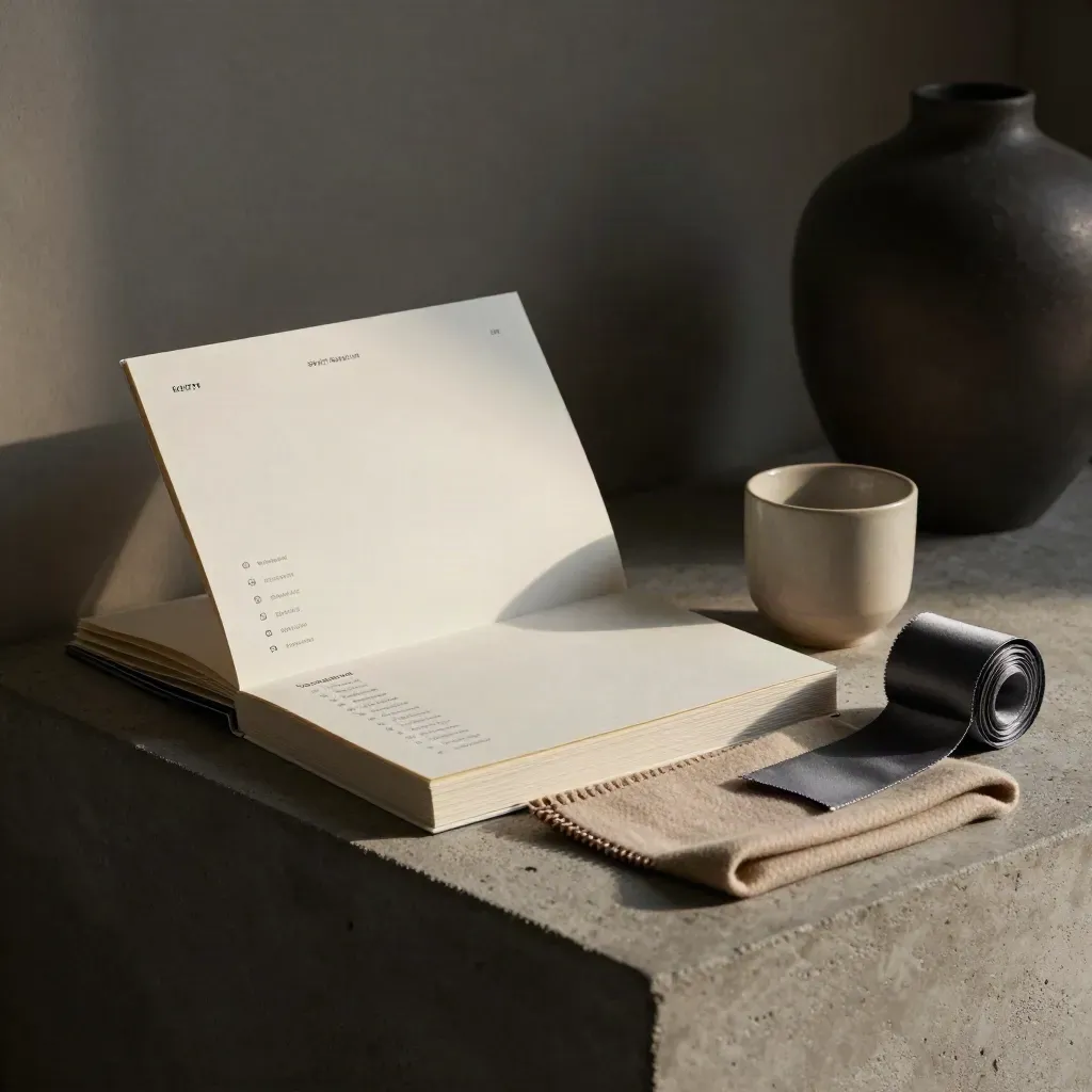 Styling list bundle with swatch, cup and ribbon on a concrete pedestal beside a dark vase