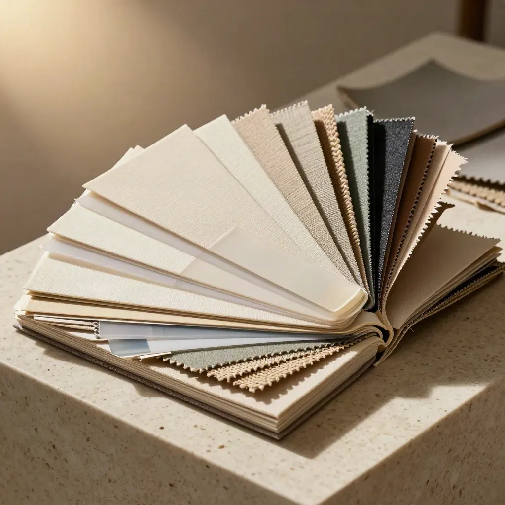 Stacked style boards with swatches, textiles and translucent overlays on a travertine plinth.