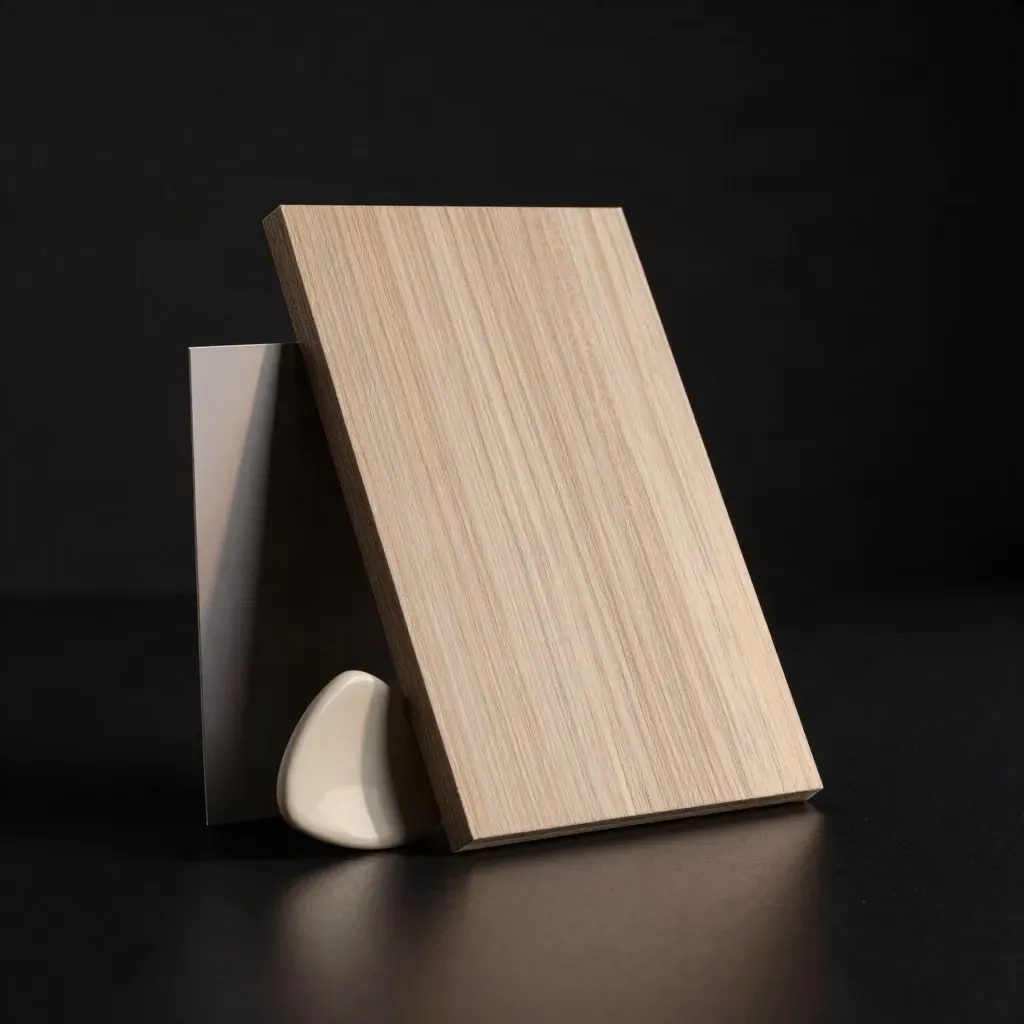Kitchen styling board with wood sample, ceramic shard and folded paper on a black studio surface.