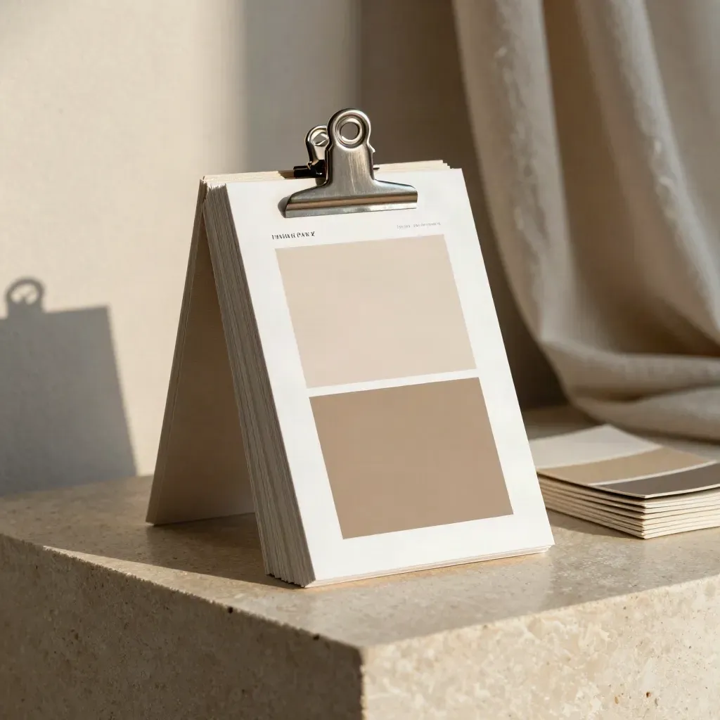 Website brand board stack with fabric tabs and a metal clip on limestone.