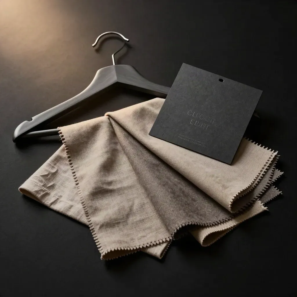 Dark closet edit styling set with swatches, hanger silhouette, and folded fabrics on black.