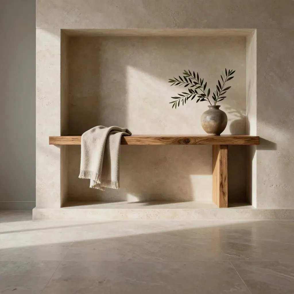 Limestone entry niche with oak console, folded throw, and olive branch in sunlit calm.