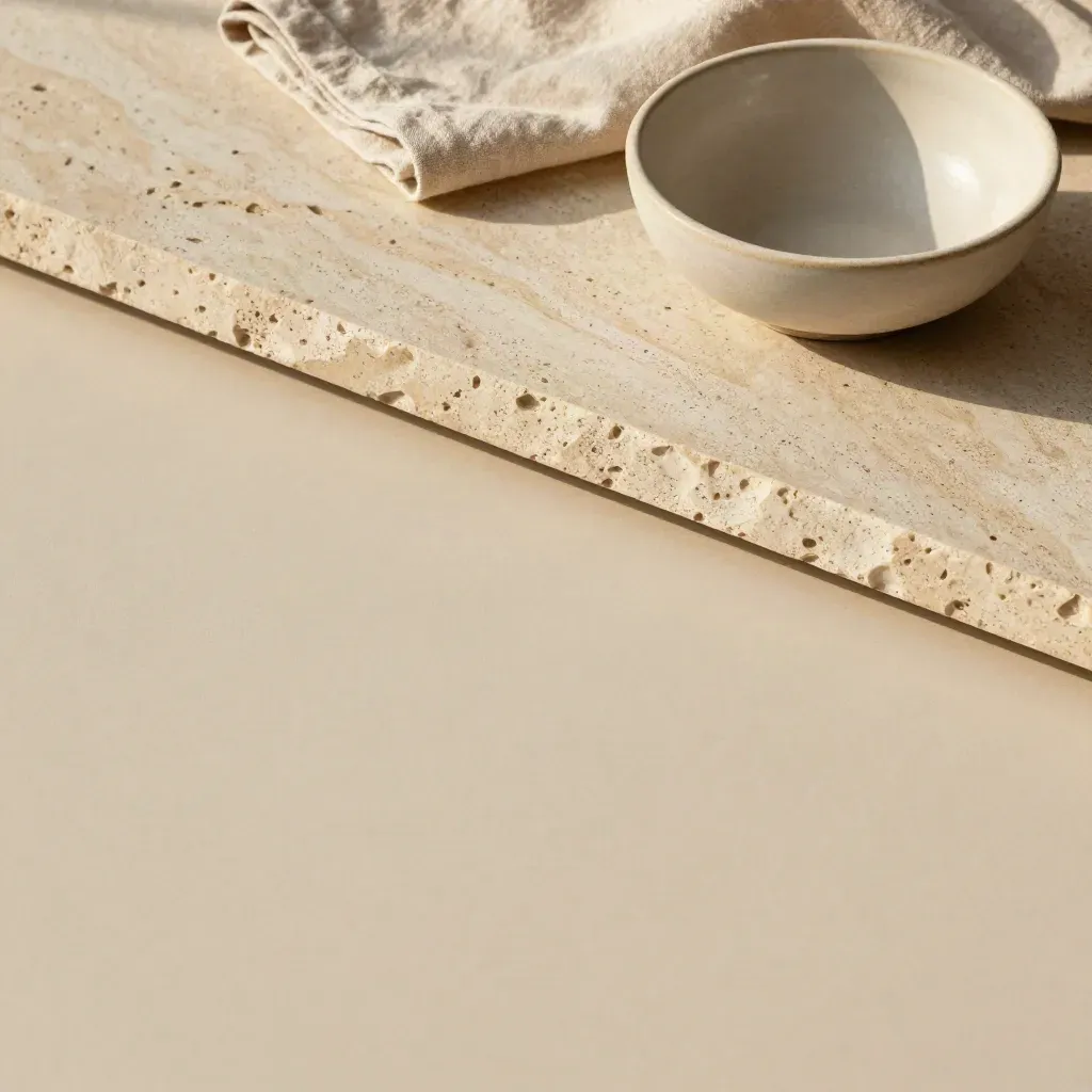 Travertine slab with ceramic bowl and linen fold, lit from upper left.